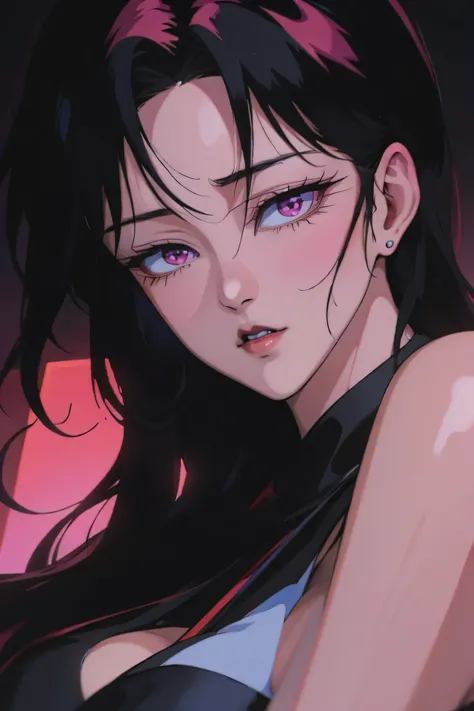 asian high school girl with long straight red hair and a fringe in the middle of the forehead, with big purple eyes and huge eyelashes, Lewd, horny, huge breasts, edgy graphic design with a multi neon colored palette, (sexy pose), seducing viewer, big blac...