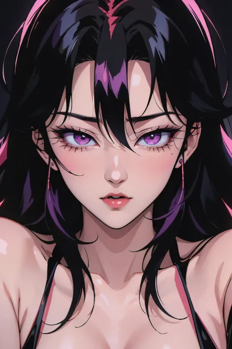 asian high school girl with long straight red hair and a fringe in the middle of the forehead, with big purple eyes and huge eyelashes, Lewd, horny, huge breasts, edgy graphic design with a multi neon colored palette, (sexy pose), seducing viewer, big blac...
