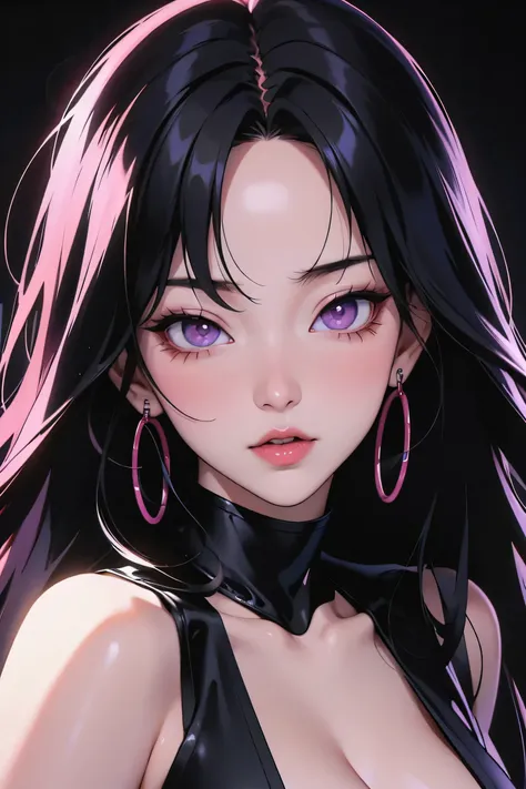 asian high school girl with long straight red hair and a fringe in the middle of the forehead, with big purple eyes and huge eyelashes, Lewd, horny, huge breasts, edgy graphic design with a multi neon colored palette, (sexy pose), seducing viewer, big blac...