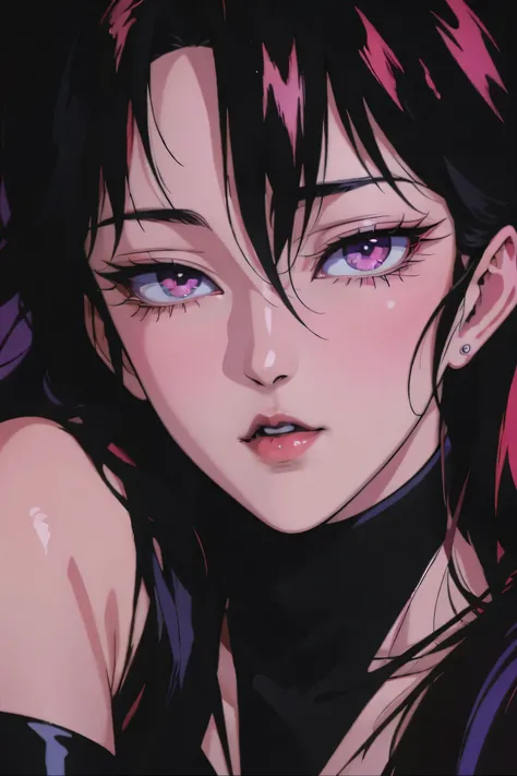 asian high school girl with long straight red hair and a fringe in the middle of the forehead, with big purple eyes and huge eyelashes, Lewd, horny, huge breasts, edgy graphic design with a multi neon colored palette, (sexy pose), seducing viewer, big blac...