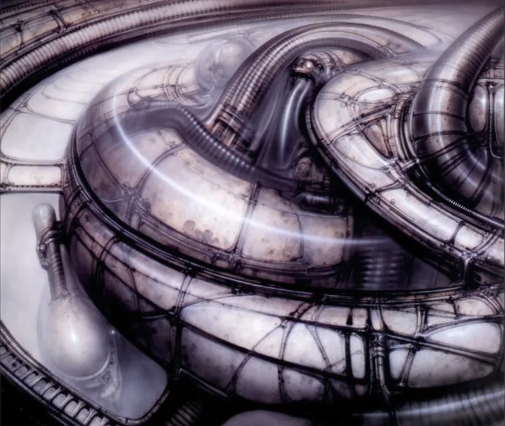H. R. Gigers g1g3r, , Giger_style, , The image is a detailed view of H.R. Gigers " Alien III " plate, featuring HRGGR, H.R. GIGER This is a sepia tone photograph of derelict spaceships side. With astronaut. The ship has a large hull and is adorned with ...