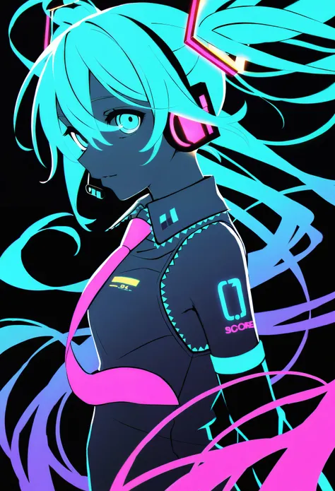 hatsune miku,limited palette,black background,colorful,vibrant,(glowing outline:0.85),neon,(blacklight:1.3),looking at viewer, (...