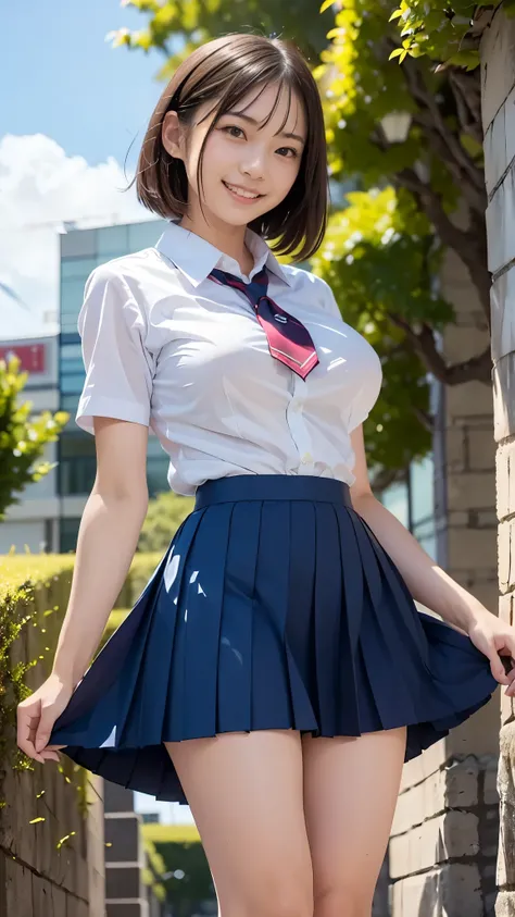 Best Quality,masterpiece, ultra high resolution,high definition raw color photo, professional photography, natural skin texture, fine skin, hyperrealism, Japanese Women,((smile, Shortcut Hair((Schoolgirl uniform,WHITE shirt,windy up skirt,Skirt fluttering ...