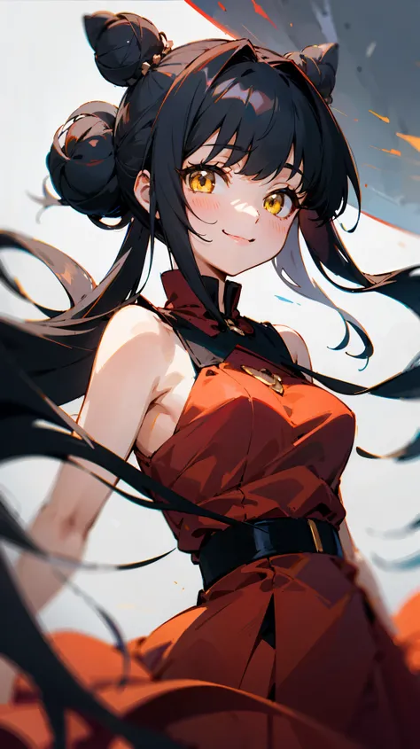 (anime girl smiling ), (  long black hair, bun hairstyle), (yellow eyes), (red dress)