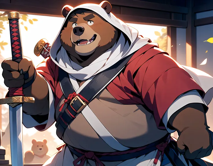 Man with a big overweight bear, masterpiece,  best quality, Brandishing a sword、 so beautiful、samurai boy、、white riding hood、Wear a white headscarf