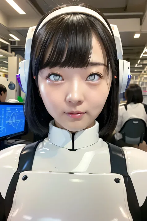 masterpiece, best quality, extremely detailed, Japanese android girl,Plump,chubby,control panels,robot arms,robot,android,cyborg,white robot body,ceramic body,perfect robot girl,blunt bangs,robot repair plant,chubby,white eyes,rolling eyes,office-lady