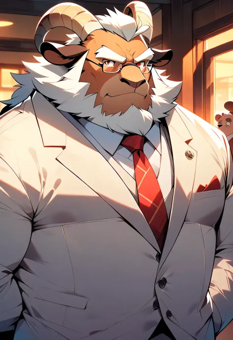 Cartoon style, 2d, Furry dark brown goat, goat horn, goat ear, goat tail, White quiff, Facial hair, Beard with mustache, White beard, White mustache, Thick white eyebrows, Scarlet red eyes, Scar on nose bridge, Fat muscular man, Fat, Muscular, Dad bod, Sin...