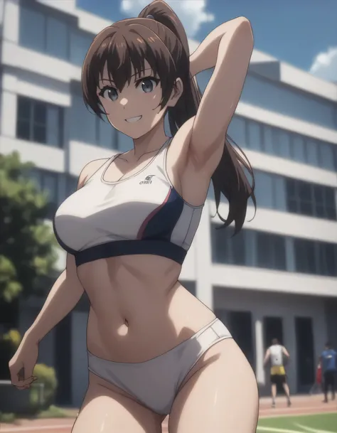 score_9, score_8_up, score_7_up, gsfghtr, ponytail, white sport bra, white sport panties, 1girl, smile, (navel), building, (armpit), (thigh), sports center