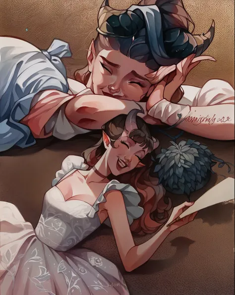 score_9, score_8_up, score_7_up, score_6_up, MulanXLP, hyper detailed, gouache painting:1.5, (a cute Tiefling girl and her mother:1.5), happy family scene, t4s14, beautiful horns, traditional media, watercolor, white background, warm pastel tones, blue vin...