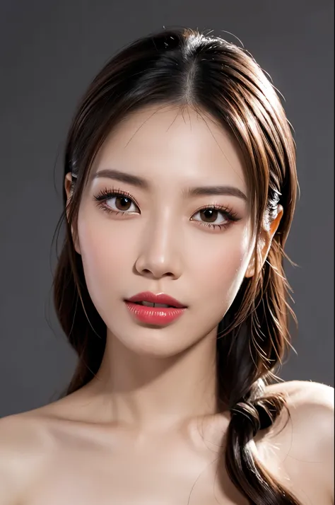 (Highest quality, Tabletop, 8k, Best image quality, Award-winning works), great beauty, (nude:1.5), (The simplest pure black background:1.5), (Face close-up:1.6), Accentuate your body lines, Beautiful and exquisite, seductive Expression, (look straight at...