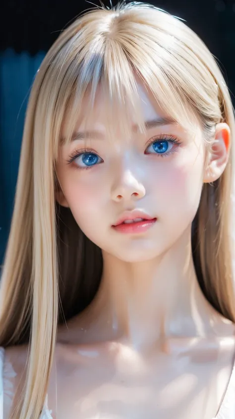 Portrait、、bright look、ponytail、bangs between eyes、bangs on the face、Young, shiny, white, glossy skin、gross face、cheek gloss highlight、best beauty、blonde reflection、Platinum blonde hair with dazzling highlights、shiny bright hair,、super long silky straight h...