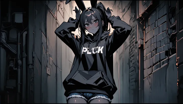 solo, male:1.1, femboy, pitch black skin, long hair, ponytail, black hair, black eyes, oversized hoodie, rimmed denim shorts, cl...