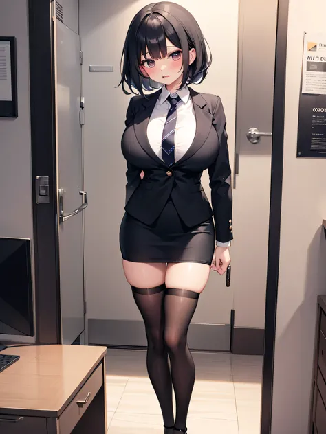 (solo), 1 skinny girl standing in office, swaying back, down arms behind back, pigeon toed, BREAK, black blazer, white collared shirts under blazer, necktie. short pencil skirt, (inky-black thighhighs), thigh gap, black stiletto heels, BREAK, very short to...