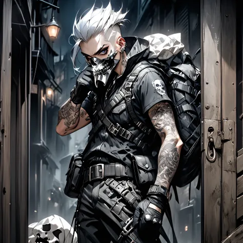 1 man with white sidecut punk hair, black sclera, silver skull mask over his mouth, wearing leather, belts, boots and gloves, standing in an doorway with a sack while holding a knife, dark and eerie night street backdrop, tattoos on lower arms
