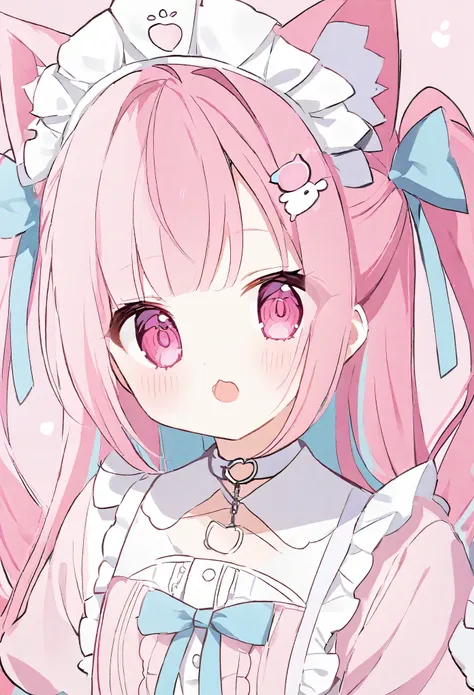 yuki sakuna、 yuki sakuna、her hair color is pink.、  half twin tail、 pink eyes、 pink maid clothes  、 hair ornament with clione on ...