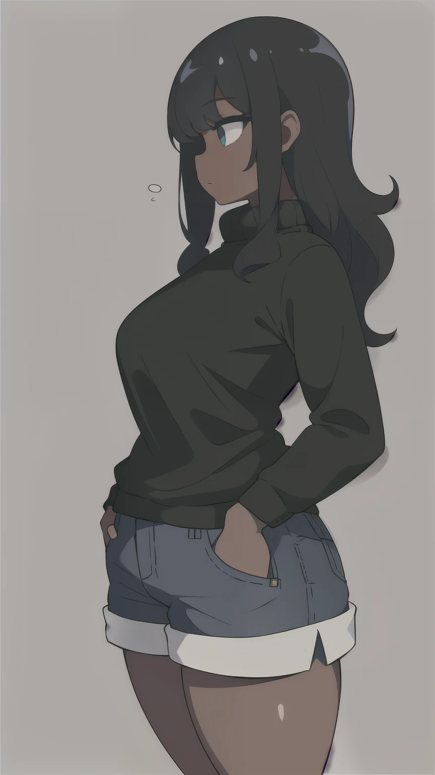 1girl, solo, chubby, black skin, long hair, sidecut haircute, curly hair, sweater, jeans shorts, wide hips