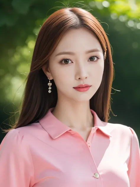 masterpiece, Best Quality, extremely detailed 8K, Ultra HD, Ultra-detailed, Highly detailed, ultra high realistic, Ultra-realistic, hyper realisitic, Hyper-Realism, Elegant woman with bust in pink shirt, background of green park, afternoon, 8K, Best Qualit...