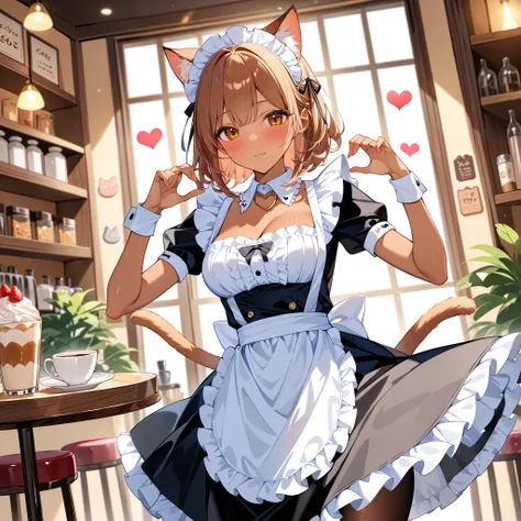 Digital artwork of a cute older sister wearing tanned skin and a maid costume with cat ears, cat ears, headdress, maid costume, apron, frill, collar, pantyhose, heart sign, cafe, blush, (masterpiece:1.2)、(Best Quality:1.2)、( very aesthetic :1.2)、( absurd:1...
