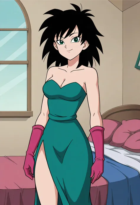 source_anime, score_9,score_8_up, score_7_up, ginedb, anime screencap, looking at viewer, smile, medium breasts, black hair, medium hair, black eyes, spiked hair, eyelashes, masterpiece, best quality, very aesthetic, absurdres, green eyes, black hair, 1gir...