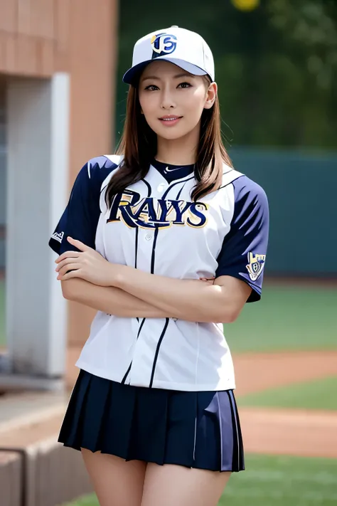 ((best quality)), ((masterpiece)), (detailed), 1girl,baseball player on baseball stadium,((clothed:1.1)),(Tampa Bay Rays uniform),sexy dark navy color and white or light gray baseball uniforms,wearing dark navy baseball cap ,baseball mittens ,hold baseball...