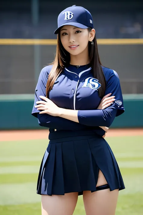 ((best quality)), ((masterpiece)), (detailed), 1girl,baseball player on baseball stadium,((clothed:1.1)),(Tampa Bay Rays uniform),sexy dark navy color and white or light gray baseball uniforms,wearing dark navy baseball cap ,baseball mittens ,hold baseball...