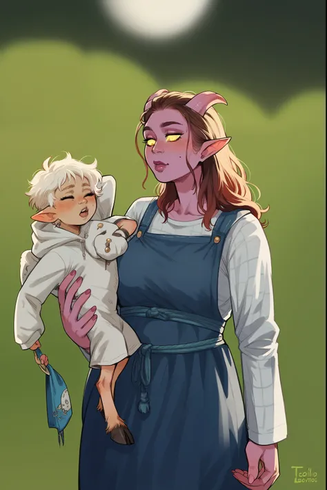 score_9, score_8_up, score_7_up, score_6_up, score_5_up, score_4_up, wh33z13, 1girl, Tiefling woman holding a baby, mother and , tiefling horns, tiefling tail, simple background, elixolsn, motherhood, tender scene