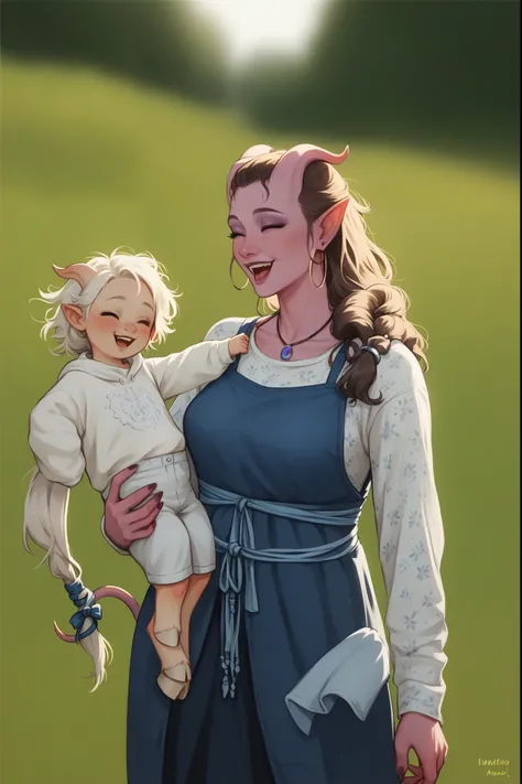 score_9, score_8_up, score_7_up, score_6_up, 3m0t3, 1girl, Tiefling woman holding a baby, mother and  , tiefling horns, tiefling tail, simple background, elixolsn, motherhood, tender scene, happy