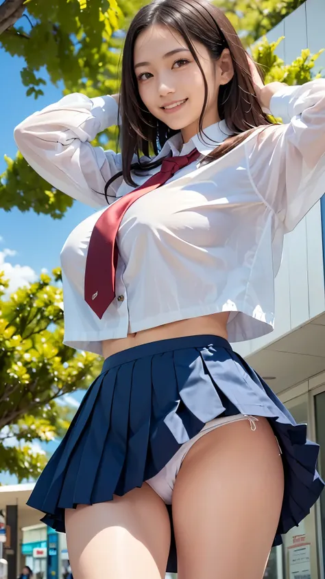 Best Quality,masterpiece, ultra high resolution,high definition raw color photo, professional photography, natural skin texture, fine skin, hyperrealism, Japanese Women,((smile,((Schoolgirl uniform,WHITE shirt,windy up skirt,Skirt fluttering in the wind,sh...