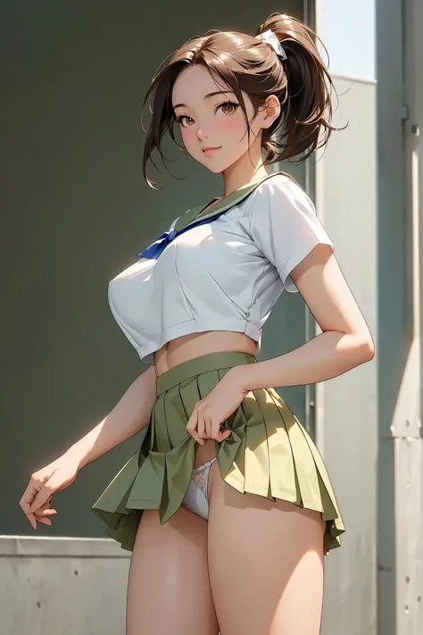 ,「Look at this and cheer up」, A woman wearing a skirt is posing for a photo, a hyper  REAL SCHOOLGIRLS , hyper  REAL SCHOOLGIRLS ,  realistic anime 3d style,   REAL SCHOOLGIRLS ,  charming anime girl ,  A beautiful and attractive anime teenage girl ,   cha...