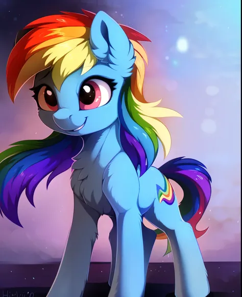 ((masterpiece)), ((best quality)), (8k), (high detailed), (beautiful), 1girl, feral, rainbow dash, smile, one character, mlp, po...