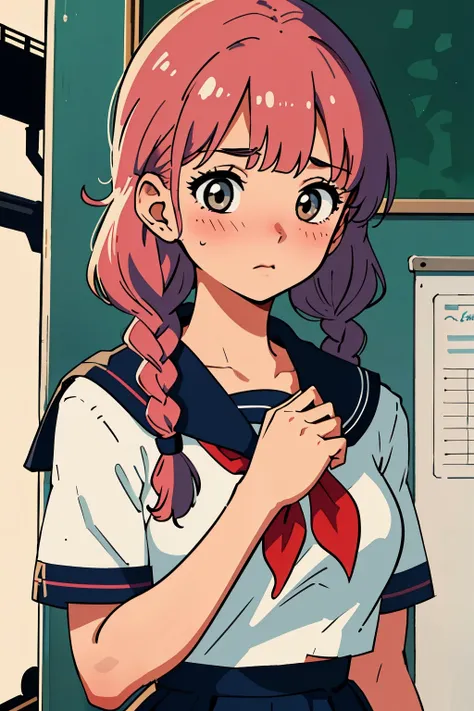 best quality, masterpiece, 1girl, blush, (upper body:1.3), braids hair with bangs, looking down, medium breast, (school sailor uniform:1.2), hands down, train