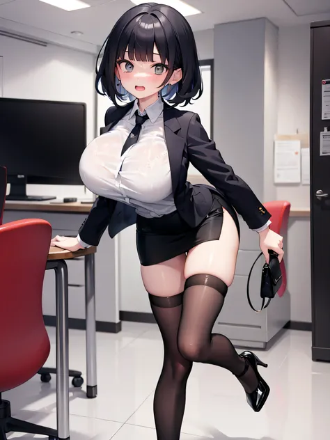 (solo), 1 skinny girl standing in office, (swaying torso back), down arms behind back, pigeon toed, BREAK, (black blazer), white collared shirts under blazer, necktie. short pencil skirt, (inky-black thighhighs), thigh gap, black stiletto heels, BREAK, sho...