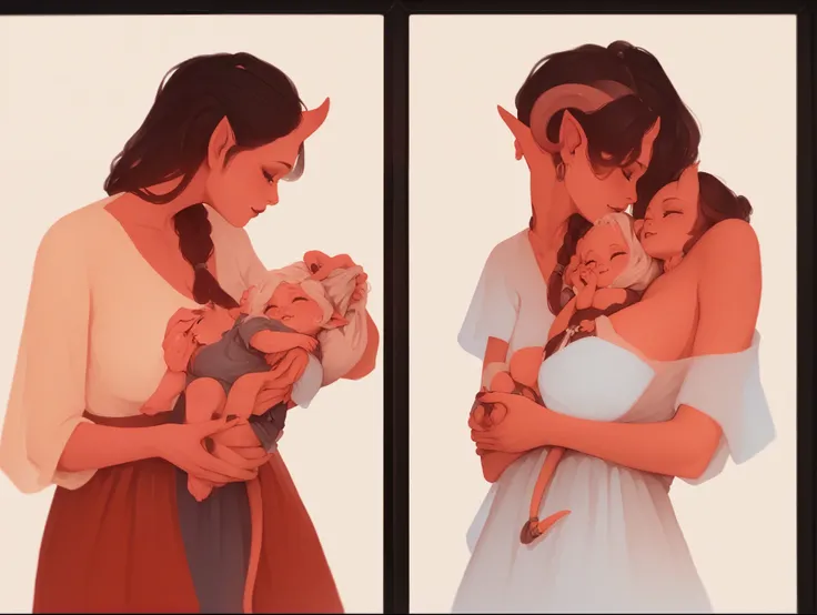 score_9, score_8_up, score_7_up, score_6_up, 3m0t3, gouache painting, hyper detailed, traditional art, 1girl, Tiefling woman holding a baby, mother and , tiefling horns, tiefling tail, simple background, motherhood, tender scene
