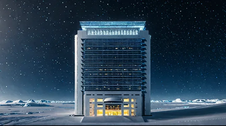 future city building, Antarctic ice and snow ,Ice and snow frozen , tall building , tall building ,night,Outer Space,spacecraft, space base station , planet Earth ,Sci-fi style, vertical composition ,Interstellar Background, ultra wide angle lens , night ...