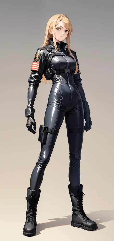 (best quality),female,blond hair,green eyes,wearing black racing suit likes police uniform, black and grey mecha, wearing military harness,Science fiction,ultra-detailed,sharp focus,aesthetic
score_9, score_8_up, score_7_up,source_anime,rating_safe,anime s...