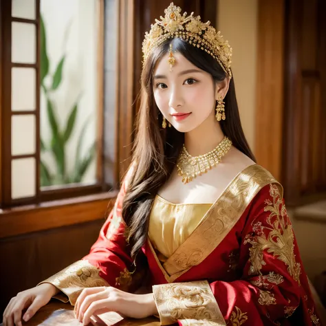 fantasy-inspired classical oriental photography, a young and beautiful woman in luxurious traditional eastern attire adorned wit...