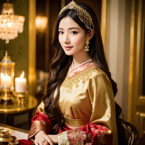 fantasy-inspired classical oriental photography, a young and beautiful woman in luxurious traditional eastern attire adorned wit...