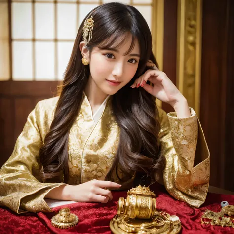 fantasy-inspired classical oriental photography, a young and beautiful woman in luxurious traditional eastern attire adorned wit...