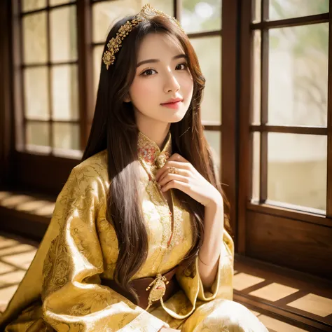 fantasy-inspired classical oriental photography, a young and beautiful woman in luxurious traditional eastern attire adorned wit...