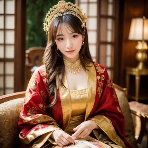 fantasy-inspired classical oriental photography, a young and beautiful woman in luxurious traditional eastern attire adorned wit...