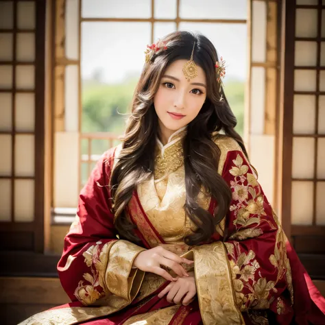 fantasy-inspired classical oriental photography, a young and beautiful woman in luxurious traditional eastern attire adorned wit...