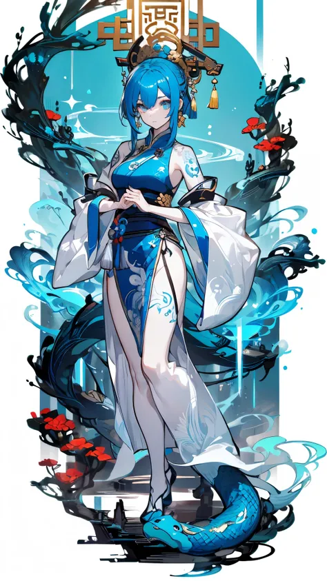 masterpiece，  best quality，Snake Woman，12. Entry into force，Chinese New Year，Ink style，Chinese style，Hanfu，Cyan and blue，Bell，whole body， pure white background，detailed face， perfect body proportions， sparkling eyes ，Sexy，Tattoo，Extremely beautiful，transpa...