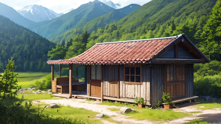 forest、Mountain trail、Abandoned mountain hut、evening、Small hut