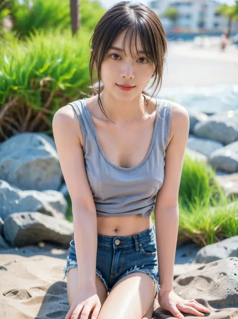 Best Quality、８k,masterpiece、、 ultra high resolution、( photorealistic:1.4)、Original photo、 1 girl、 dark brown hairでミディアムヘア、Healthy tanned skin、Beautiful woman、 1 girl、、Slim Abs:1.1、 dark brown hair、(Kneel at the Beach 、 open legs:1.2)、(( Grey Tank Top 、dist...