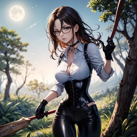  The best quality, ( masterpiece :1.3), ultra-detail, rostro detallado, (highres:1.1), 1 girl, slim,  big breasts, ( vagina), de pie en un Wooded Trail , fighting pose,  view from the front,  long brown hair,  Detailed eyes , brown eyes,  serious expressio...