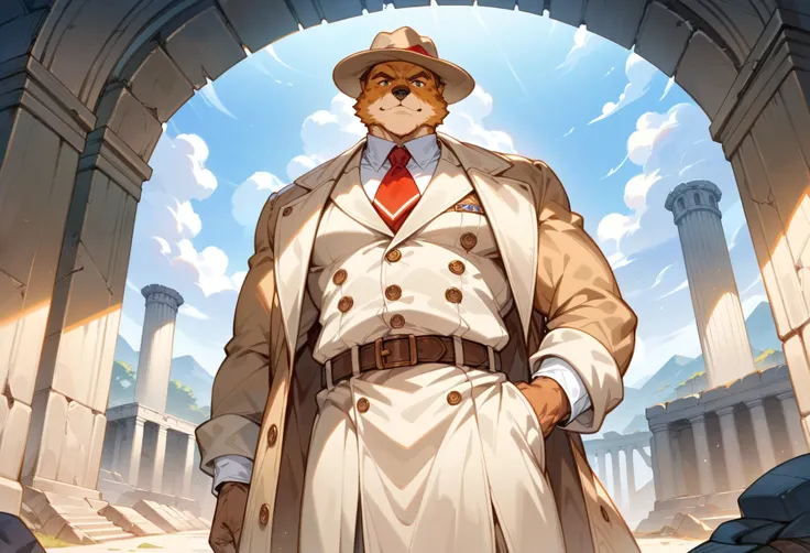 score_9, score_8_up, score_7_up, score_6_up, score_5_up, score_4_up, source_furry, highres, cover page, absurdres, by Michelangelo, by Johannes Vermeer, Old Ruins, Dungeons, Indiana Jones series, perfect anatomy(handsome 1boy, kemono, solo focus, Adventure...