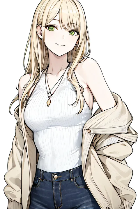 ​masterpiece, top-quality, 1girl in, white halter top, yellow cardigan sweater jacket, black high waisted jean short, A smile, a sling bag, blonde long-haired, green eyes,