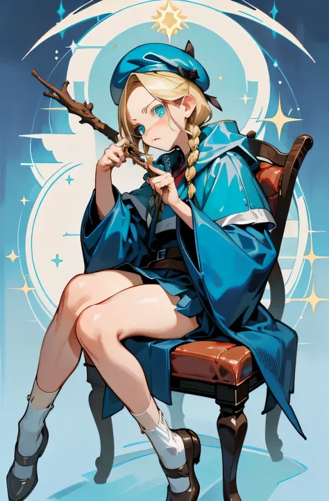 , The center of the cover is a mature female magician sitting on a library chair ，You can see her full body .  A gentle older sister ，blond，Super long power reaches the ground，  wear a beret ， Wear a silver college magic robe top with all kinds of magic sy...