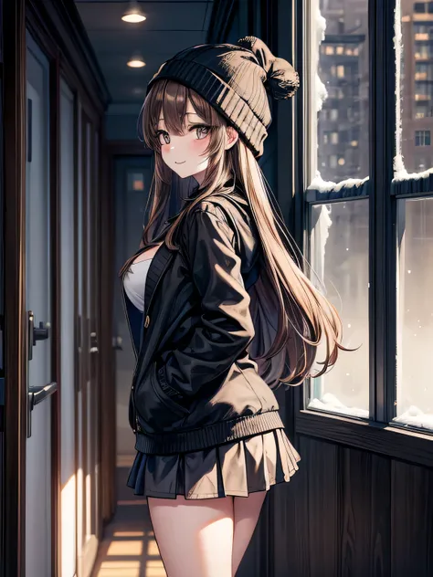  masterpiece ,  lyrics,  well detailed ,  a beautiful woman in a lonely corridor ,  long hair , straight hair,  brown hair, brown eyes, beautiful eyes,  smiley face,  big breasts, juicy breasts,  Open shirt, short skirt, black jacket, black beanie hat,  ri...