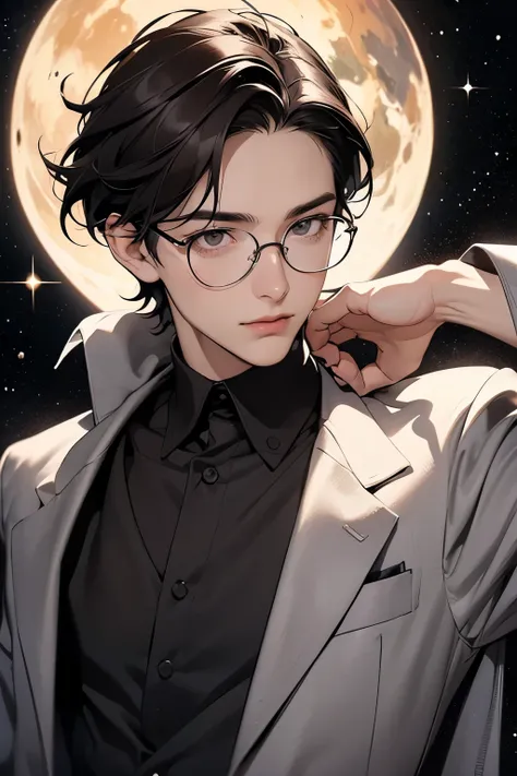 A beautiful man with an androgynous impression. Detailed drawing of the face. Dark brown hair. Short hair. He wears glasses. He is in his mid twenties. he is wearing a gray suit. An image of outer space and Mars floating in space behind him.